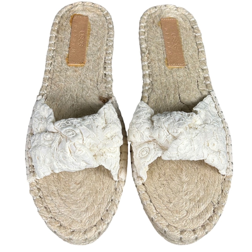 ASOS Womens White Floral Eyelet Lace Knot Espadrille Slide Sandals US 10